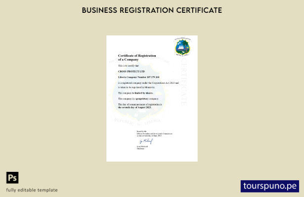 listo para imprimir Plantilla de certificado de registro comercial de Liberia Pl